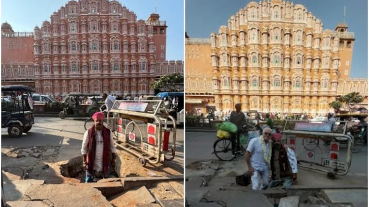हवामहल के सामने सड़क का गड्ढा बना ‘सेल्फी प्वाइंट’, पर्यटक जान जोखिम में डालकर खिंचा रहे फोटो, वायरल तस्वीरों से मचा बवाल