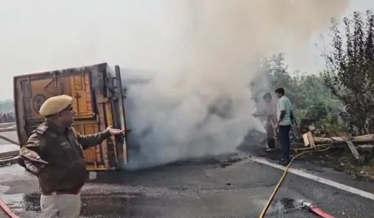 दिल्ली-मुंबई एक्सप्रेस-वे पर दर्दनाक हादसा, कैंटर में लगी आग, चालक कैबिन में जिंदा जला